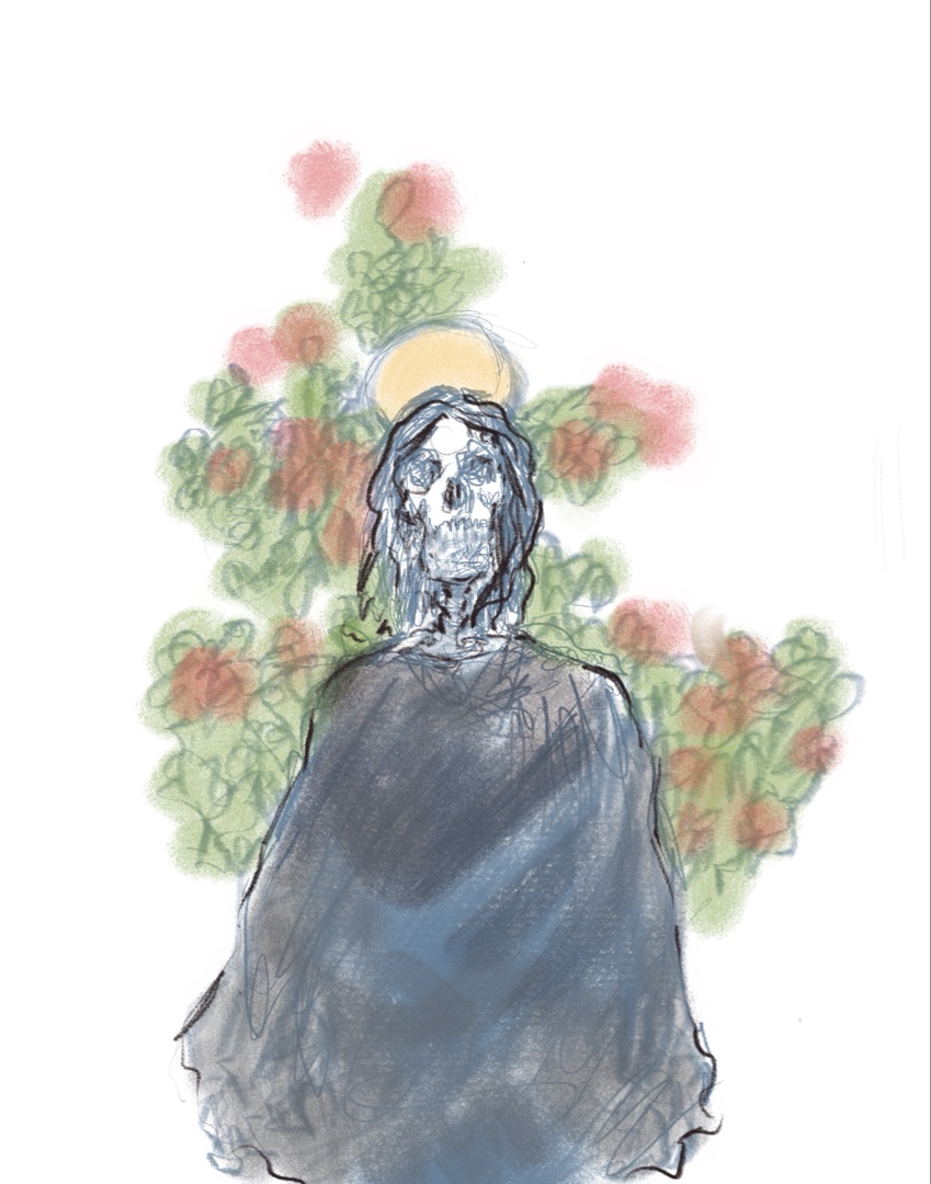 Soft sketch of a robed figure with a halo, set against a backdrop of green foliage and red roses