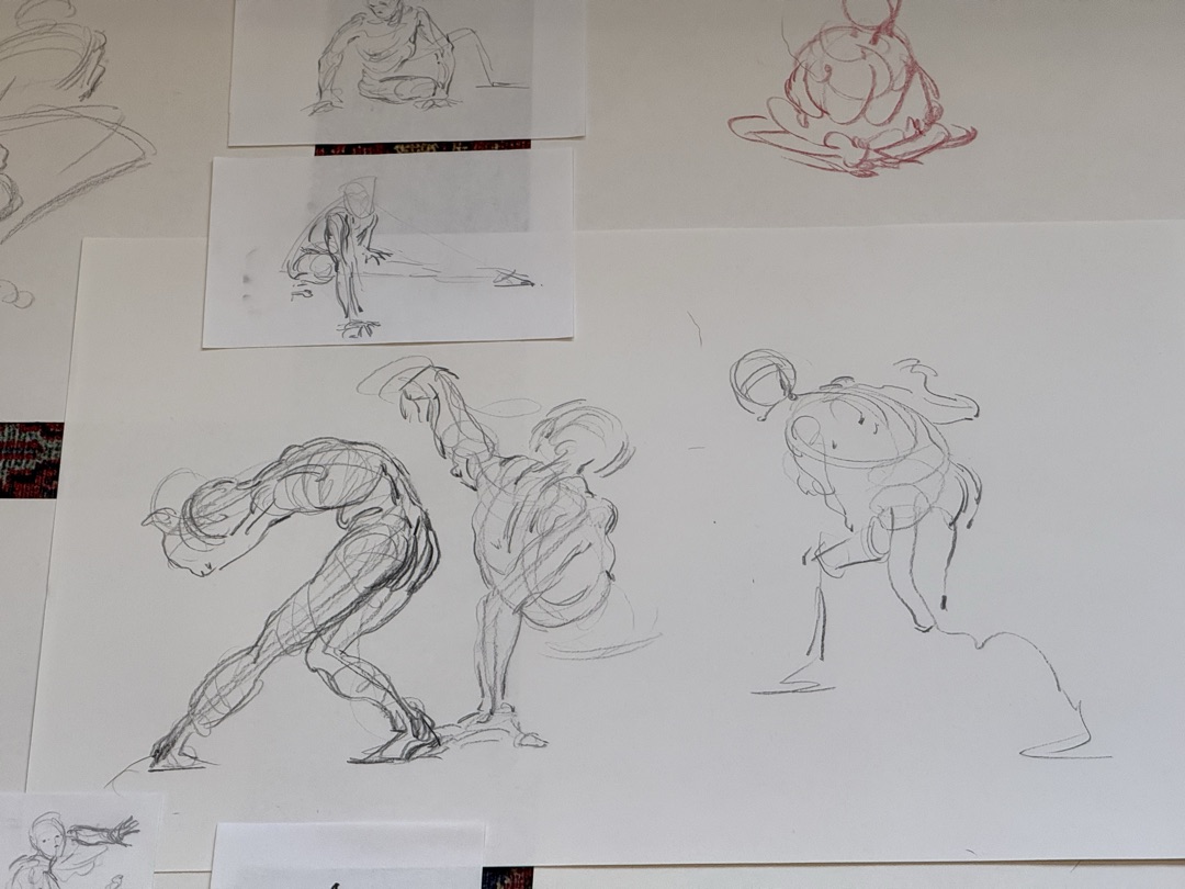 Pencil gesture drawings of figures in dynamic poses