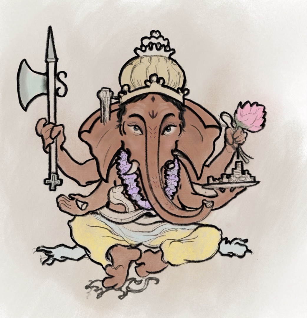Hand-drawn illustration of Ganesh seated, holding lotus, axe, and lance, with garlands and a crown