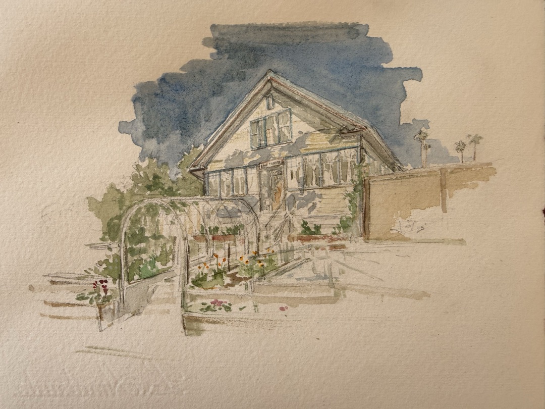 Watercolor painting of a yellow craftsman house with arched garden trellises in the foreground