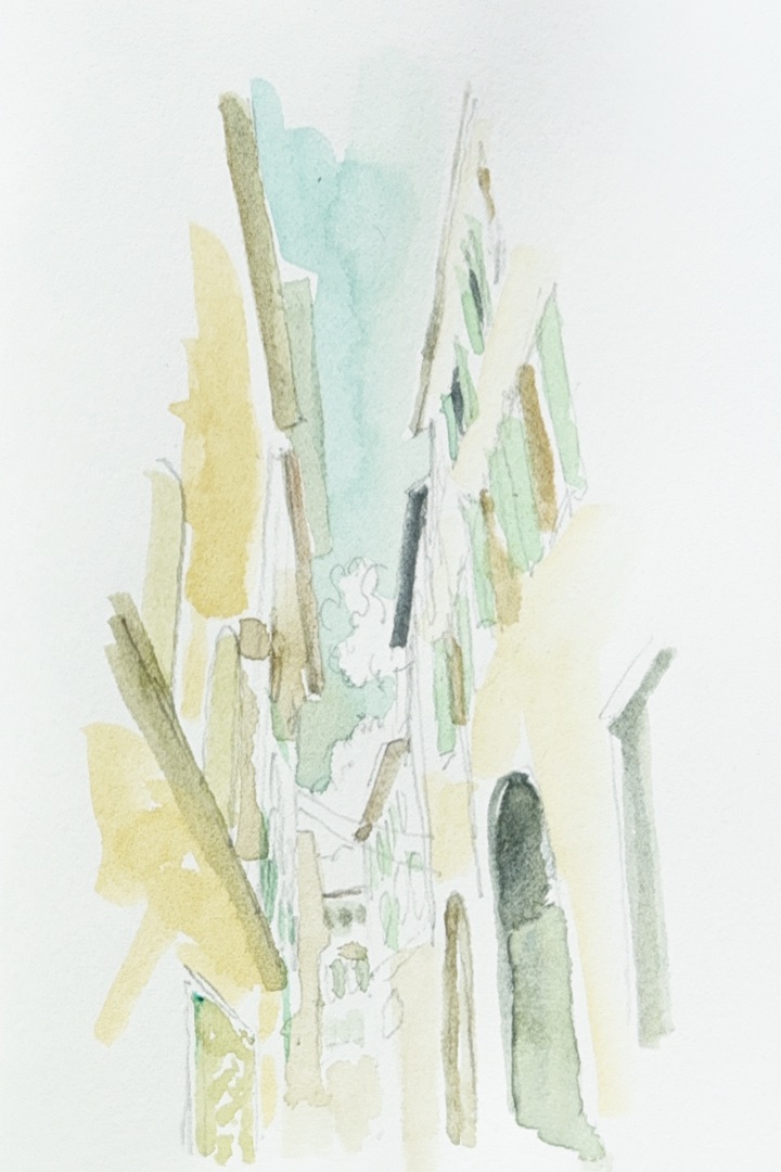 Pale watercolor sketch looking up a narrow Italian street with green shutters