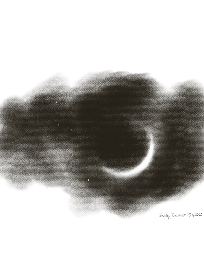 Charcoal painting of a crescent moon partially obscured by dark clouds